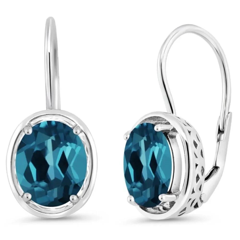 925 Sterling Silver and 3.60 Cttw London Blue Topaz Oval Leverback Drop Earrings